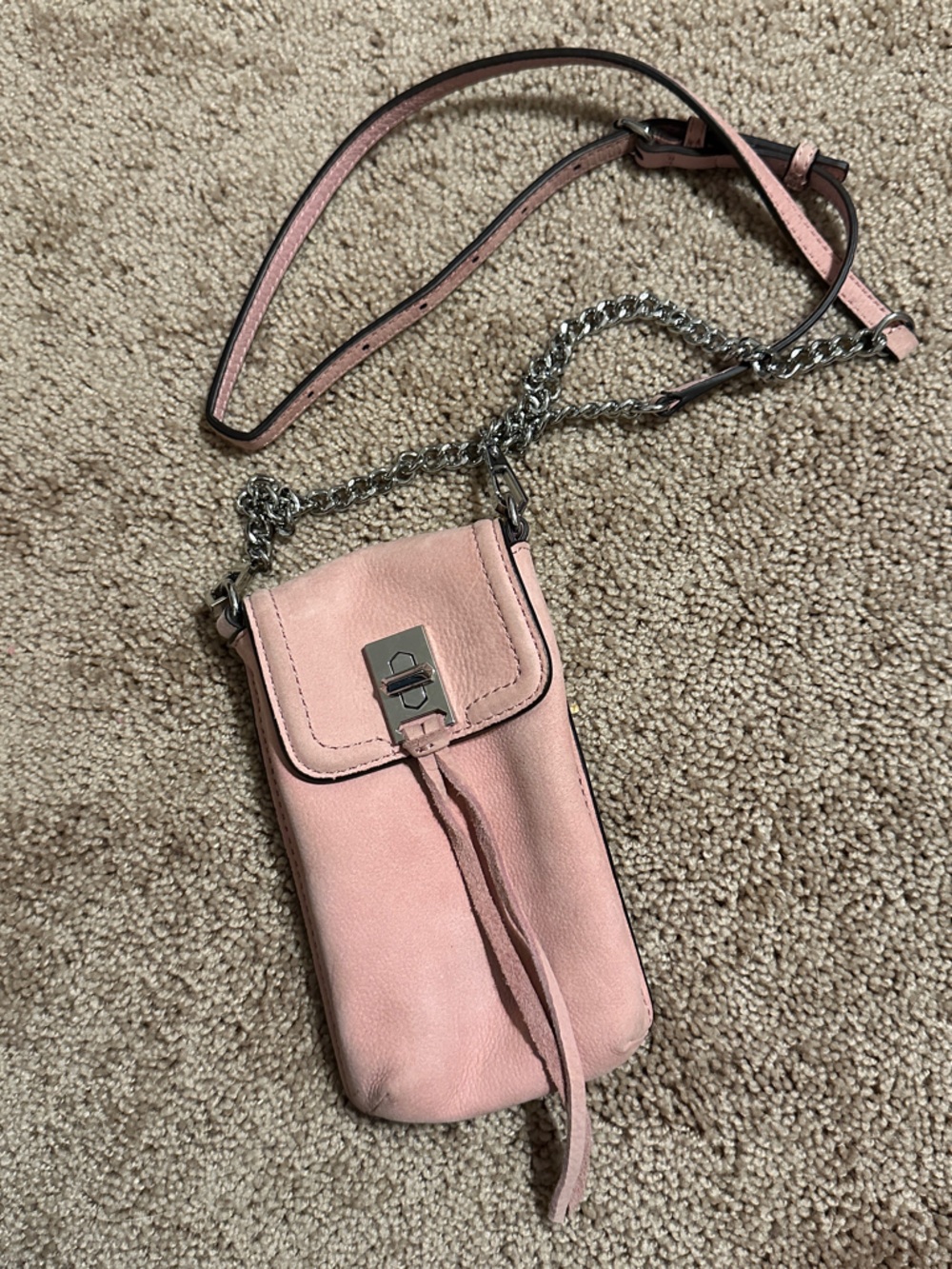 Rebecca Minkoff Pink Suede Crossbody Phone Bag with Silver Chain Strap